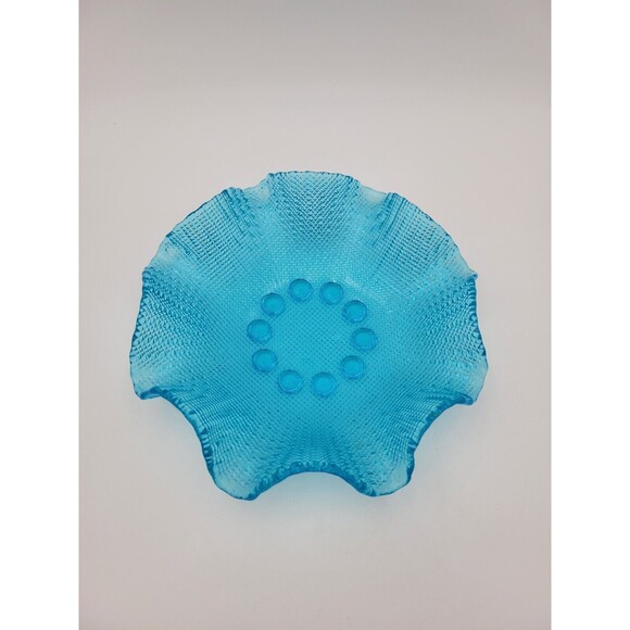 Bright Aqua Blue Ruffled Glass Textured Bowl Waffle Pattern 7.5" - Picture 2 of 8